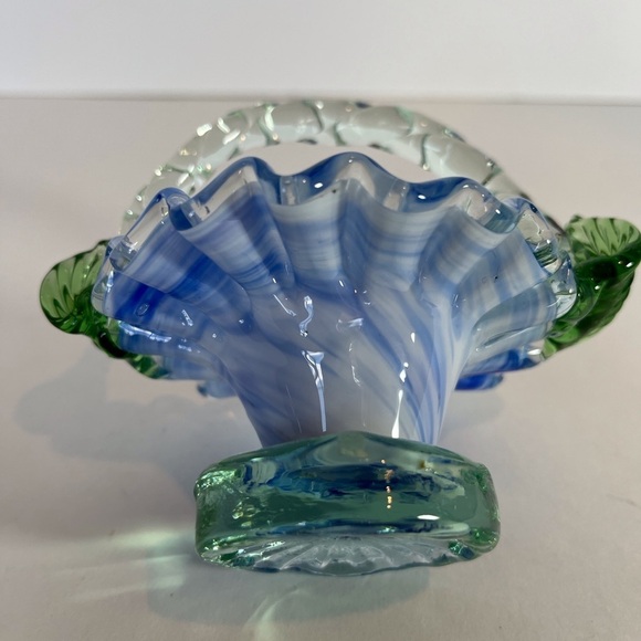 Bohemian Glass Handblown Blue and White Swirl Basket with Ruffled Edge - Picture 7 of 10